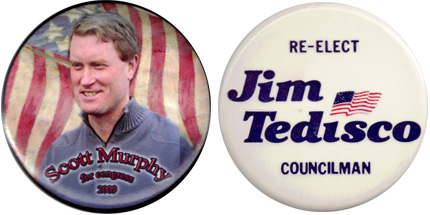 Scott Murphy for Congress 2009, Re-Elect Jim Tedisco Councilman campaign buttons.