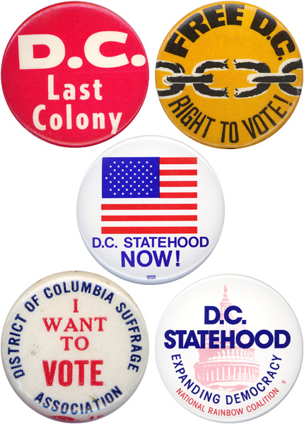 Five buttons in support of DC rights.