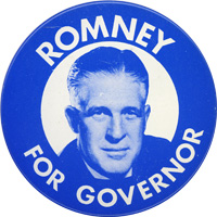Romney for governor campaign button.