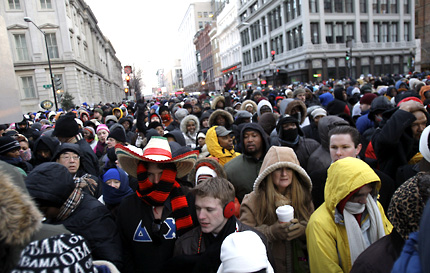 People wait in line for access to the inaugural parade route prior to the swearing-in of President-elect Barack Obama, Tuesday, Jan. 20, 2009, in Washington. AP Photo/Rob Carr.