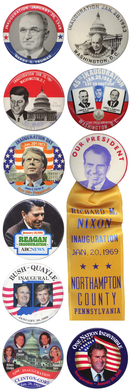 Inauguration buttons from Truman to Bush.