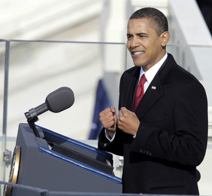 President Barack Obama delivers his inaugural address at the U.S. Capitol in Washington, Tuesday, Jan. 20, 2009. AP Photo/Jae C. Hong.