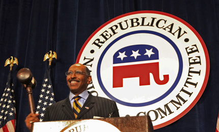 Former Maryland Lt. Gov. Michael Steele holds a gavel after he was elected the first black Republican National Committee chairman in an election by the RNC during their winter meetings, Friday, Jan. 30, 2009 in Washington. AP Photo/Pablo Martinez Monsivais.