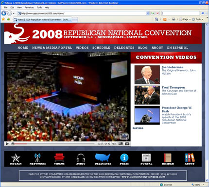 Screen grab of Republican National Convention videos page.