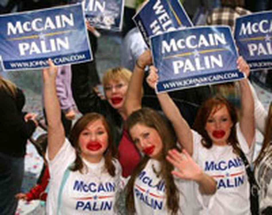 Supporters of Republican vice presidential candidate Alaska Gov. Sarah Palin wear toy red lips on Se Supporters of Republican vice presidential candidate Alaska Gov. Sarah Palin wear toy red lips on Se