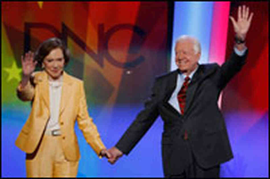 Former U.S. President Jimmy Carter and former first lady Rosalynn Carter on the stage of the Democra Former U.S. President Jimmy Carter and former first lady Rosalynn Carter on the stage of the Democra