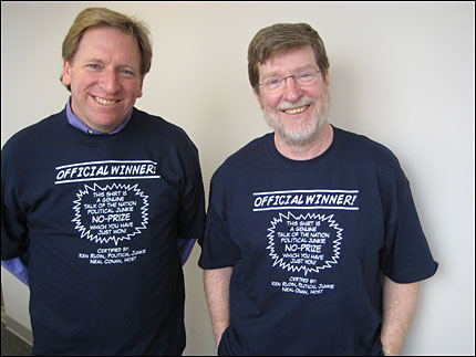 Ken Rudin and Neal Conan wearing Official Winner t-shirts.