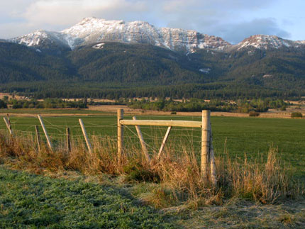 morning on a farm backed by mountains