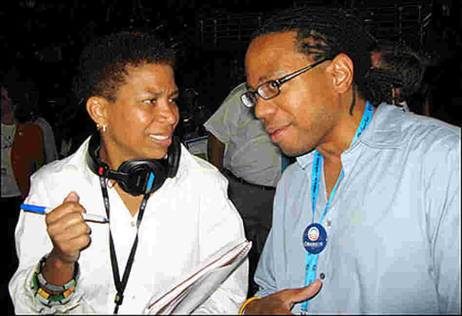 Michel Martin talks with Richard Hill, a delegate from Idaho, on the main floor of the Pepsi Cente Michel Martin talks with Richard Hill, a delegate from Idaho, on the main floor of the Pepsi Cente