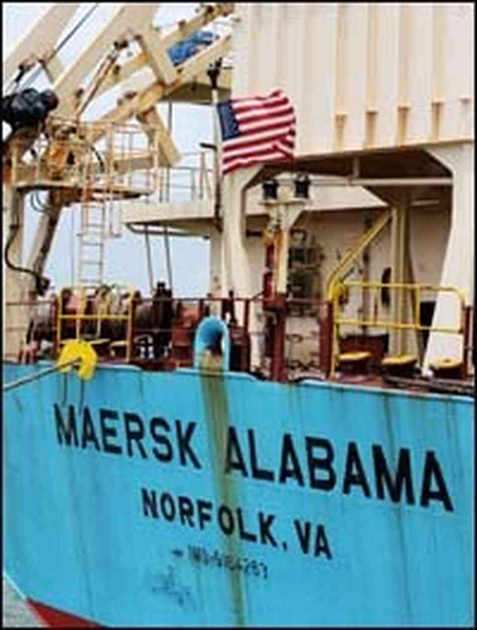 A U.S. flag can be seen on merchant ship "Maersk Alabama" as she sits moored at the Mombasa port o A U.S. flag can be seen on merchant ship "Maersk Alabama" as she sits moored at the Mombasa port o