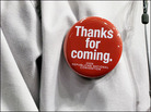 An attendee of the Republican National Convention (RNC) in St. Paul sports a decorative button. An attendee of the Republican National Convention (RNC) in St. Paul sports a decorative button.