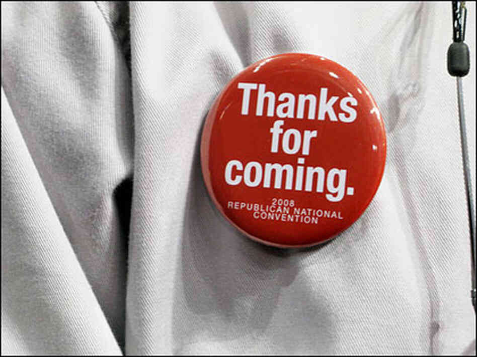 An attendee of the Republican National Convention (RNC) in St. Paul sports a decorative button. An attendee of the Republican National Convention (RNC) in St. Paul sports a decorative button.