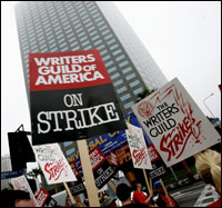 Striking writers picket outside Universal Studios in Burbank, Calif. Photo by Charley Gallay/Getty Images.