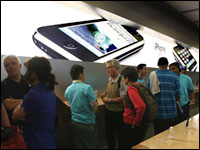 Customers wait at an Apple Store in midtown Manhattan