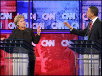 Sens. Hillary Clinton and Barack Obama face off at a Democratic debate this week.
