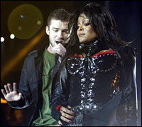 Janet Jackson and Justin Timberlake perform during the Super Bowl halftime show, Feb. 1, 2004. 