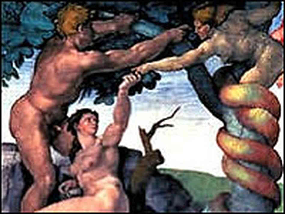 Adam, Eve and the Tree of Knowledge in a detail of the book cover. Adam, Eve and the Tree of Knowledge in a detail of the book cover.