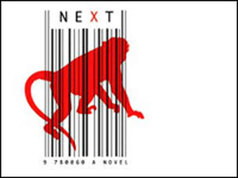 Crichton's book examines, among other things, an ape implanted with human genes. Crichton's book examines, among other things, an ape implanted with human genes.