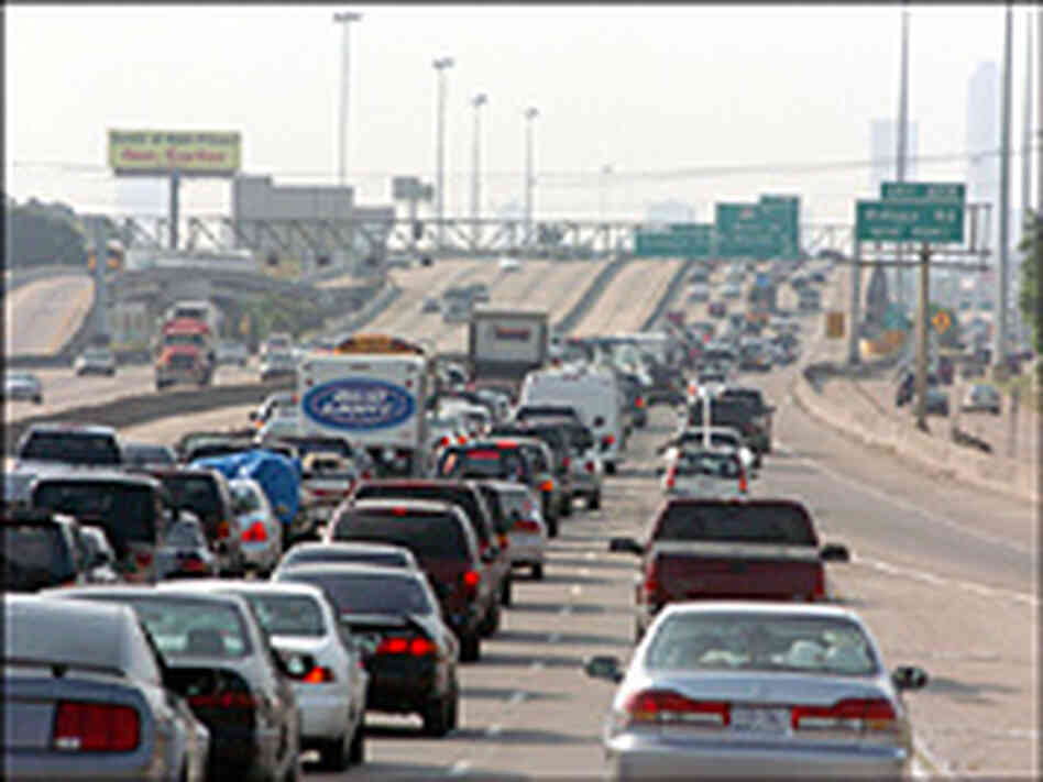 Bumper-to-bumper-traffic heads out of Galveston, Texas toward  Houston, Sept. 21