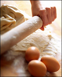 Rolling pin, eggs, flour