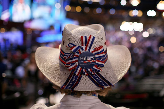 A Clinton supporter hangs out at the Pepsi Center in Denver on the second day of the convention.