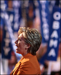 Sen. Hillary Clinton addresses delegates at the Democratic National Convention in Denver.