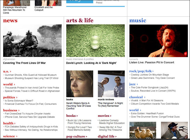 Three major sections on home page Three major sections on home page