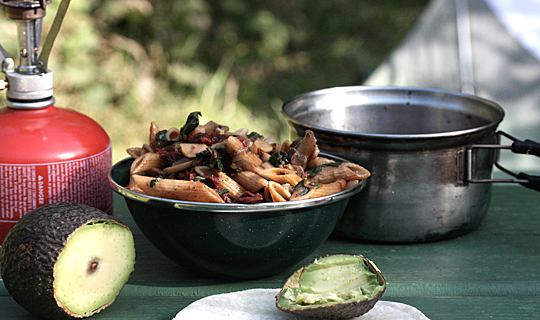 A bowl of penne pasta with vegetables sits on a picnic table in front of a tent