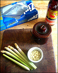 The fixings for an Asian-inspired marinade include lemongrass, garlic, fish sauce, sugar — and the all-important zip-top freezer bag.