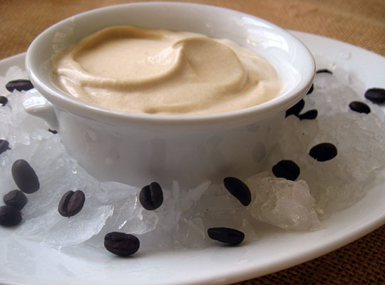 A swirl of creamy Coffee Bavarian in a white mug