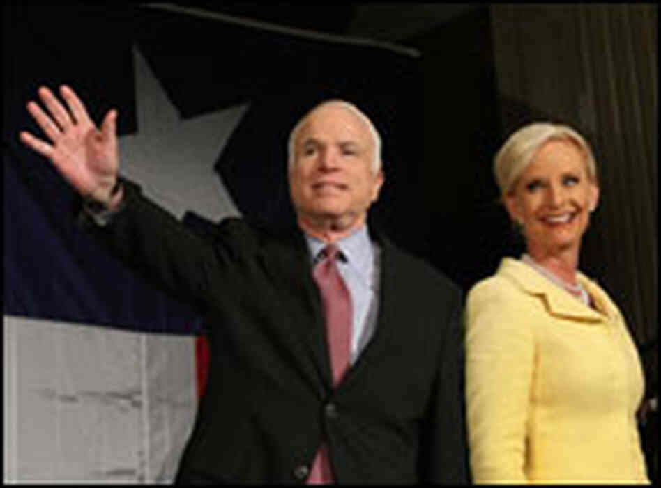 The McCains wave to supporters after Sen. John McCain won the Republican nomination on March 4.