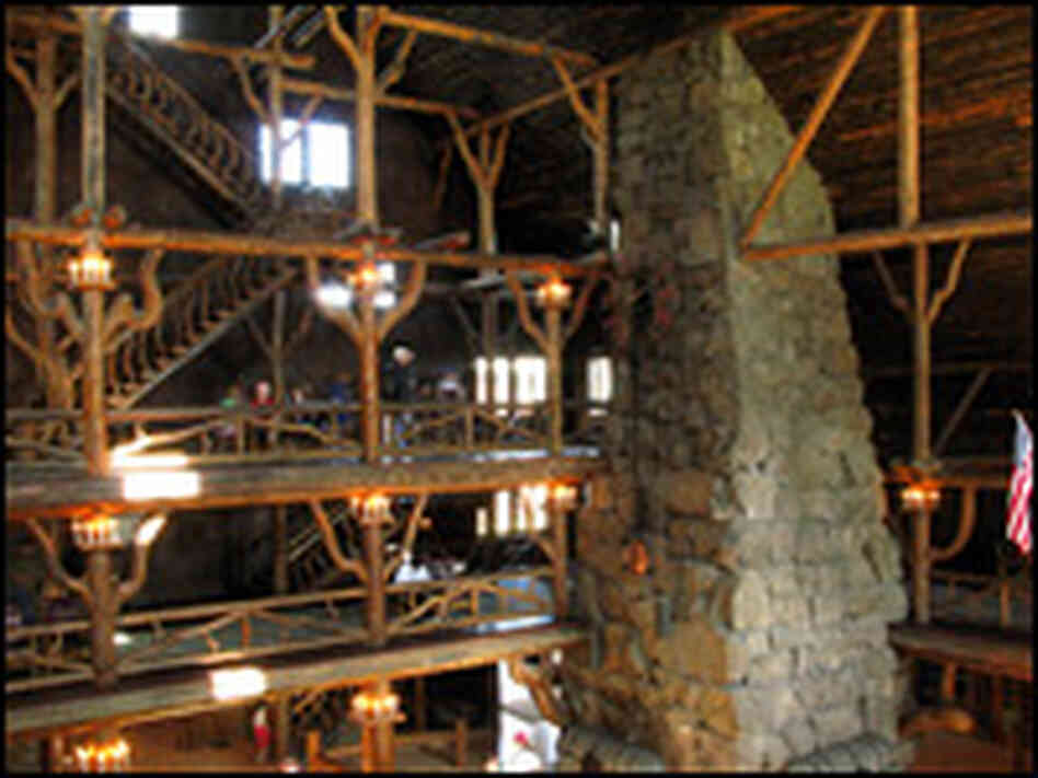 The main lobby of the Old Faithful Inn.