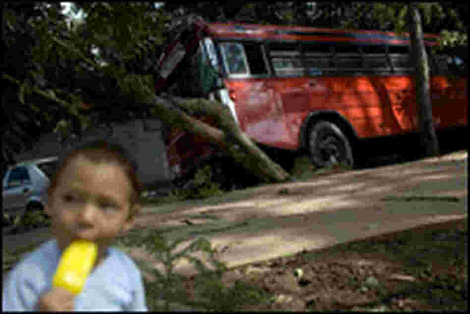 A bus rests on a street after the murder of its driver and his assistant.