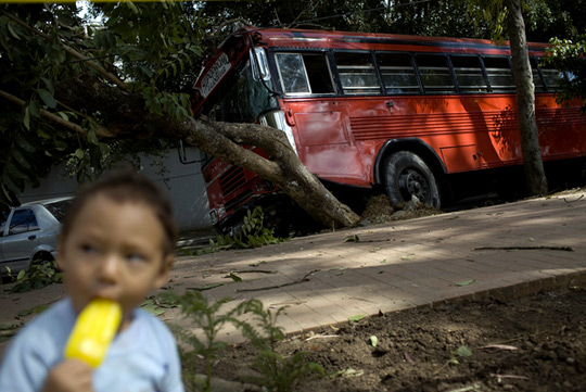 A bus rests on a street after the murder of its driver and his assistant.