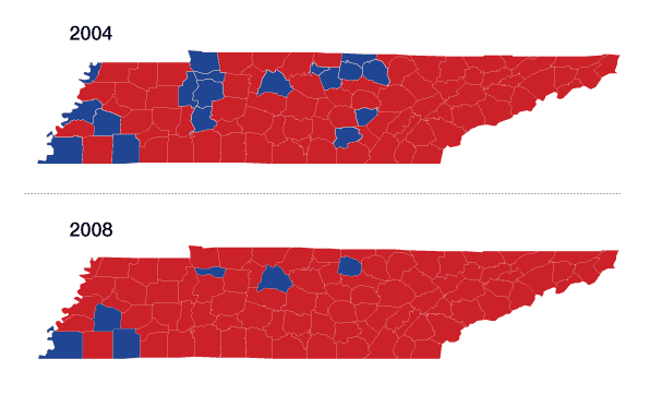 Tennessee results, 2004 vs. 2008
