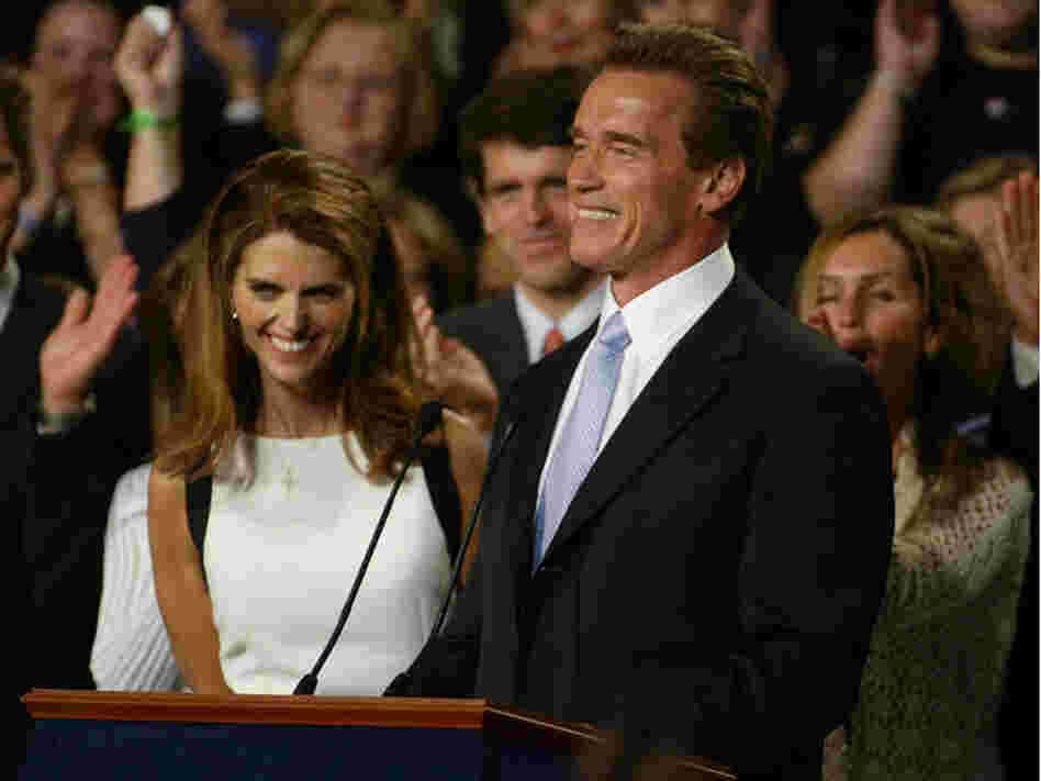 Republican Arnold Schwarzenegger, right, is joined by wife Maria Shriver as he celebrates his victory in the California gubernatorial recall election in Los Angeles, Tuesday, Oct. 7, 2003.