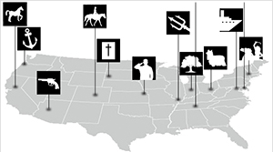  A U.S. map with icons marking monuments.