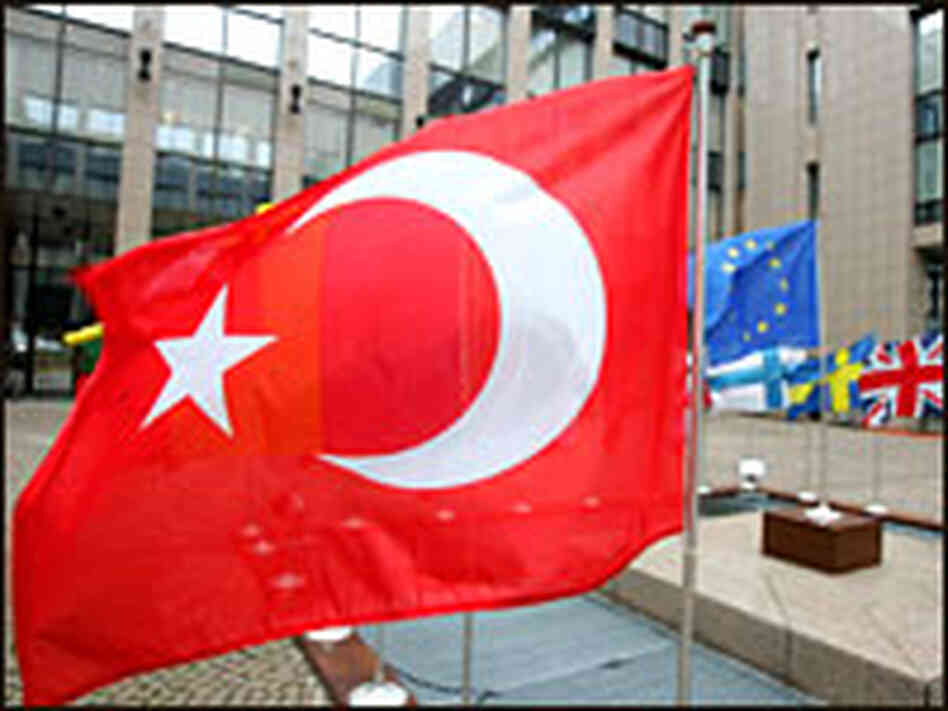 The Turkish flag flies at the entrance to the European Council building. The Turkish flag flies at the entrance to the European Council building.