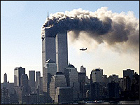 The second hijacked plane is seen moments before striking the second tower of the World Trade Center, Sept. 11, 2001. Credit: Corbis