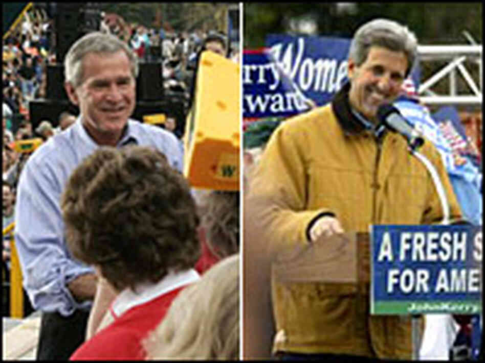 President Bush, left; Sen. John Kerry at campaign events. Credit: Campaign photos President Bush, left; Sen. John Kerry at campaign events. Credit: Campaign photos