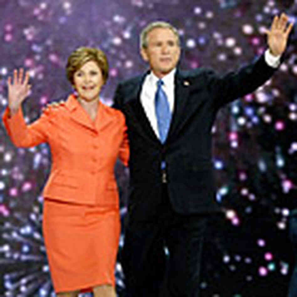 President Bush was joined by first lady Laura Bush onstage after his acceptance speech. President Bush was joined by first lady Laura Bush onstage after his acceptance speech.