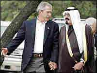 U.S. President George W. Bush welcomes Saudi Arabia's Crown Prince Abdullah to his ranch. U.S. President George W. Bush welcomes Saudi Arabia's Crown Prince Abdullah to his ranch.