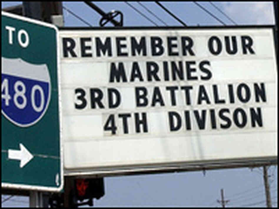A sign at a gas station in Brook Park, Ohio, shows support for Marines killed in western Iraq. A sign at a gas station in Brook Park, Ohio, shows support for Marines killed in western Iraq.