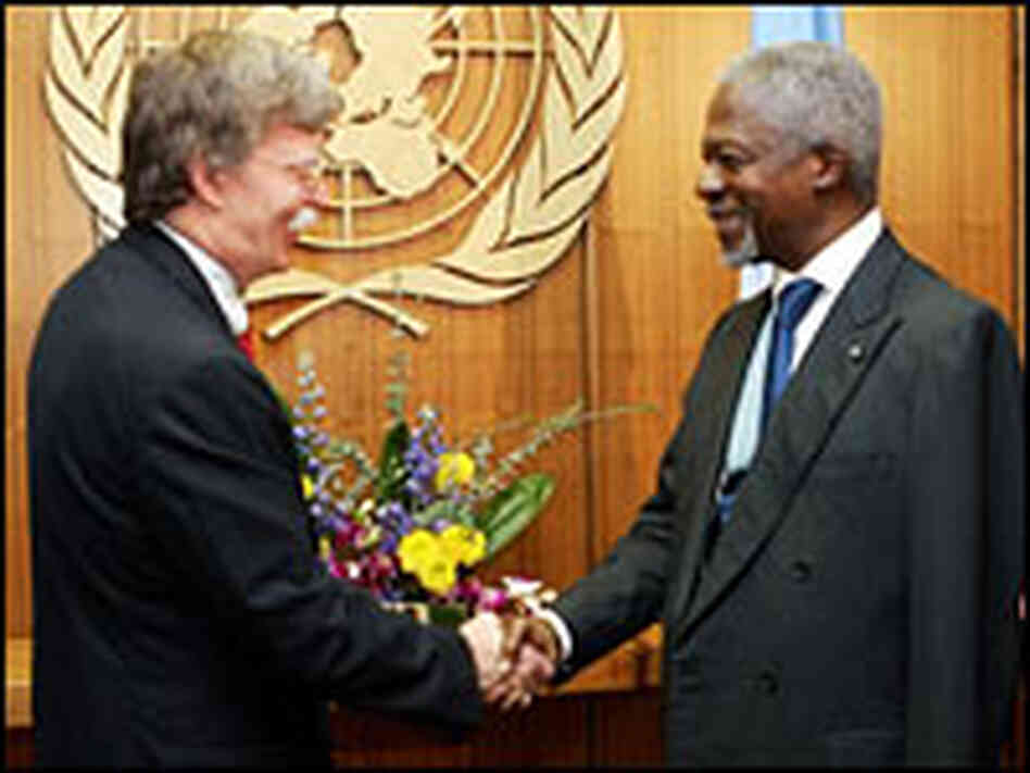 Ambassador John Bolton and U.N. Secretary-General Kofi Annan shake hands. Ambassador John Bolton and U.N. Secretary-General Kofi Annan shake hands.