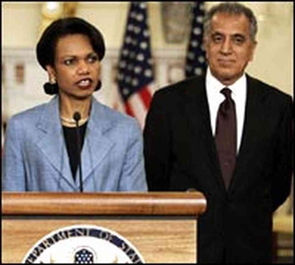 Secretary of State Condoleezza Rice and Ambassador Zalmay Khalilzad. Secretary of State Condoleezza Rice and Ambassador Zalmay Khalilzad.