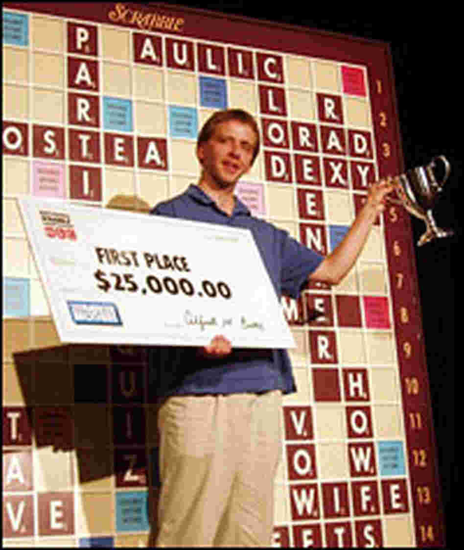 David Wiegand celebrates his winnings at the 2005 National Scrabble Championship.