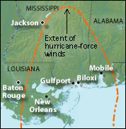 Map showing the reach of hurricane-force winds from Katrina.