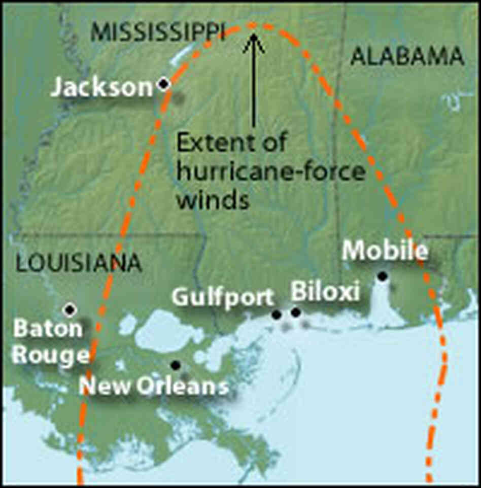 Map showing the reach of hurricane-force winds from Katrina.
