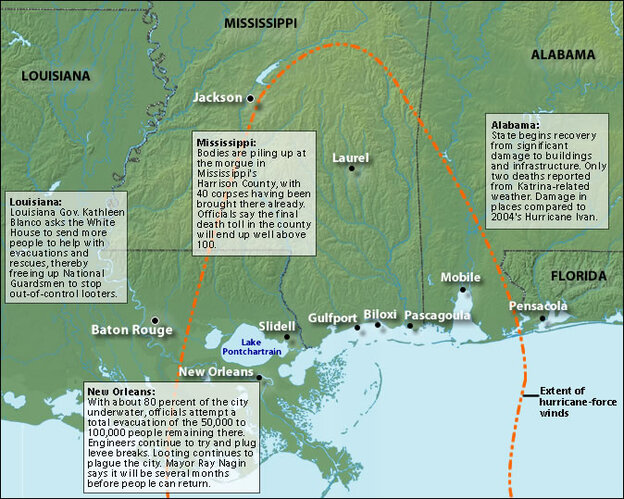 Map showing the reach of hurricane-force winds from Katrina.