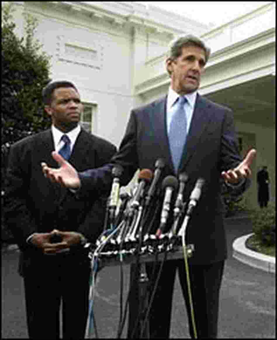 Sen. John Kerry and Rep. Jesse Jackson Jr. speak to reporters outside the White House. Sen. John Kerry and Rep. Jesse Jackson Jr. speak to reporters outside the White House.